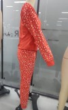 Bear and White Dot Print Red Velvet O-Neck Top And Pant Pajama 2PCS Set