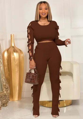 Brown O-Neck Hollow Out Backless Knotted Crop Top and Pants 2PCS Set
