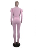 Pink Ribbed Ruffle Long Sleeves O-Neck Fitted Top and Pants 2PCS Set