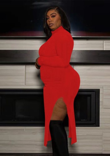 Plus Size Red Side Slit Long Sleeves Long Dress