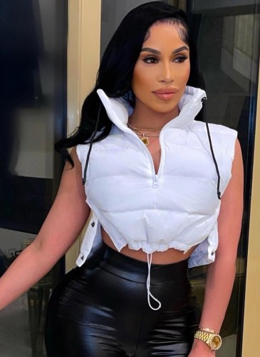 White Sleeveless Turtleneck Zipper Up Slit Padded Crop Top