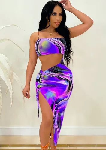 Purple Print Cut Out Cami Irregular Long Dress