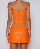 Orange Pu Leather Sleeveless Bandeau Top And Slit Mini Skirt 2PCS Set