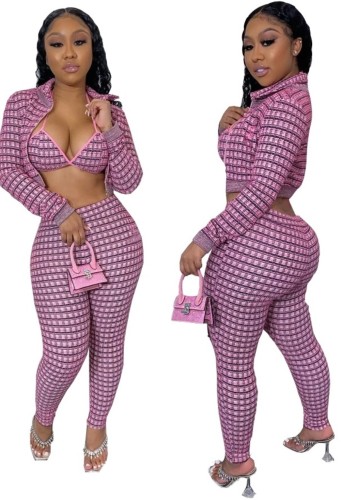 Print Triangle Bra and High Waist Pant with Short Zip Up Top 3PCS Set