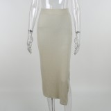 Apricot Turtleneck Long Sleeve Drop Shoulder Top and Long Slit Skirt 2PCS Set