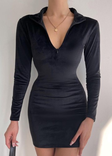 Black Velvet Zipper Collar Long Sleeve Skinny Mini Dress