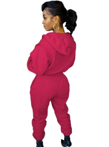 Rose Fleece Zipper Up Long Sleeves Hoody Jumpsuit with Pocket