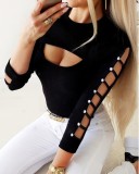 Black Cut Out Button Up O-Neck Long Sleeve Top