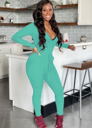 Green U-Neck Long Sleeves Fitted Jumpsuit with Belt