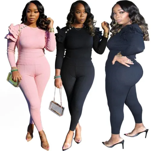Black Ribbed Ruffle Long Sleeves O-Neck Fitted Top and Pants 2PCS Set