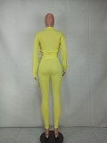 Yellow Long Sleeve Midi Neck Crop Top and High Waist Pants 2PCS Set