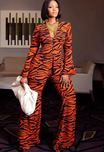 Zebra Stripes Orange Zip Up V-Neck Shirt and Loose Pants 2PCS Set
