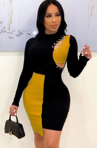 Black and Yellow Contrast Pu Leather Long Sleeve Irregular Skinny Dress