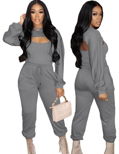 Gray Cami Top and Long Sleeve Cape Top with Sweatpants 3PCS Set