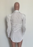 White Puffed Long Sleeve Button Up Side Silt Shirt