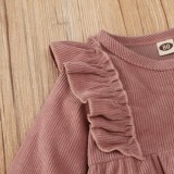 Purple Corduroy Ruffled Button Up Long Sleeve Romper For Girl Baby