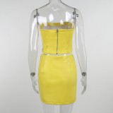 Yellow Pu Leather Sleeveless Bandeau Top And Slit Mini Skirt 2PCS Set