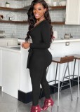 Black U-Neck Long Sleeves Fitted Jumpsuit with Belt