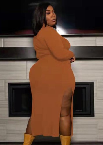 Plus Size Khaki Side Slit Long Sleeves Long Dress