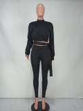 Black Long Sleeve Midi Neck Crop Top and High Waist Pants 2PCS Set