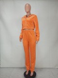 Orange Fleece Zip Long Sleeves Hoody Crop Top and High Waist Pants 2PCS Set