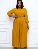 Plus Size Yellow O-Neck Long SLeeve Wide Leg Pleated Jumpsuit with Belt