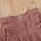 Purple Corduroy Ruffled Button Up Long Sleeve Romper For Girl Baby