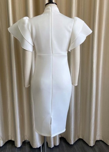 White Flounce Midi Neck Short Sleeve Midi Skinny Dress