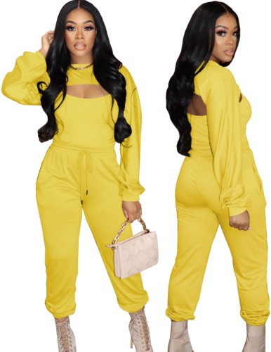Yellow Cami Top and Long Sleeve Cape Top with Sweatpants 3PCS Set