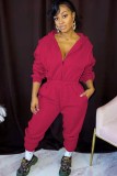 Rose Fleece Zipper Up Long Sleeves Hoody Jumpsuit with Pocket