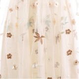Beige Floral Mesh Patched 3/4 Sleeve Midi Dress