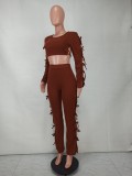 Brown O-Neck Hollow Out Backless Knotted Crop Top and Pants 2PCS Set
