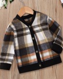 Black Plaid Button Up Long Sleeve V-Neck Coat For Boy Kids