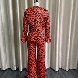 Zebra Stripes Orange Zip Up V-Neck Shirt and Loose Pants 2PCS Set