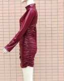 Red Pu Leather Ruched High Neck Long Sleeve Skinny Mini Dress