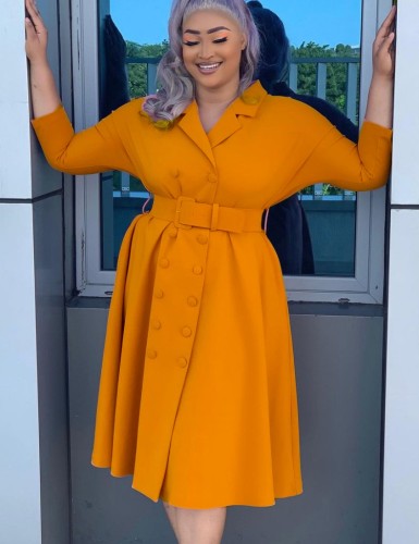 Orange Double-Breasted Turndown Collar Midi Blazer Dress with Belt