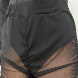 Black Deep-V Long Sleeve Bodysuit and Mesh Scrunch Pants 2PCS Set