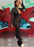 Black Zipper Up Slit-Long Sleeve Bodycon Stacked Jumpsuit