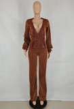 Shiny Brown Deep-V Long Sleeve Top and Straight Pants with Belt 2PCS Set