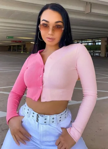 Color Block Button Up Long Sleeve Crop Top