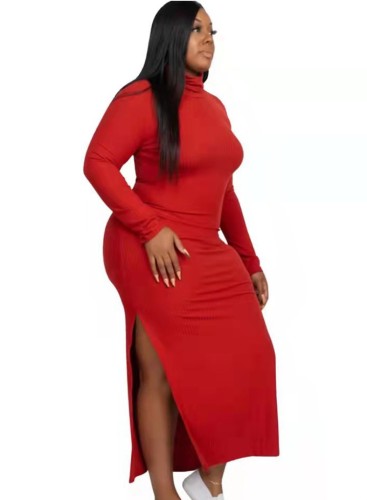 Plus Size Red Side Slit Long Sleeves Long Dress