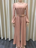 Plus Size Khaki O-Neck Long SLeeve Wide Leg Pleated Jumpsuit with Belt