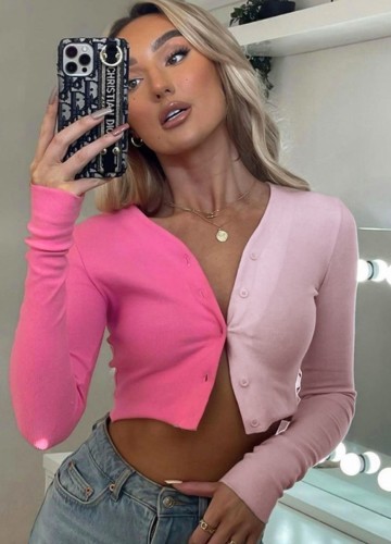 Color Block Button Up Long Sleeve Crop Top