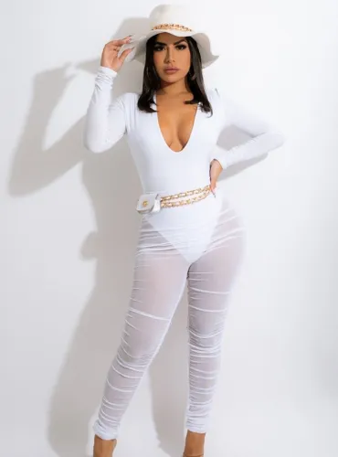 White Deep-V Long Sleeve Bodysuit and Mesh Scrunch Pants 2PCS Set