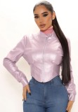 Trendy Purple Leather Long Sleeves Zipped Up Bustier Jacket