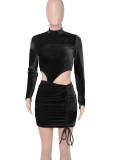 Black Velvet High Neck Long Sleeve Cut Out Ruched Skinny Mini Dress