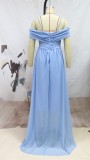 Blue Off Shoulder Short Sleeve Pleated Maxi Dress