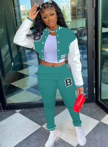 Letter Print Dk-Green Long Sleeve Short Baseball Jacket and Sweatpants 2PCS Set