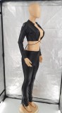 Black PU Leather Open Front Crop Top and High Waist Tight Pants 2PCS Set
