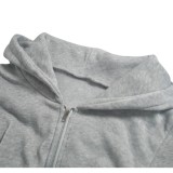 Gray Zipper Up Long Sleeve Drawstring Hoody Jumpsuit with Pocket